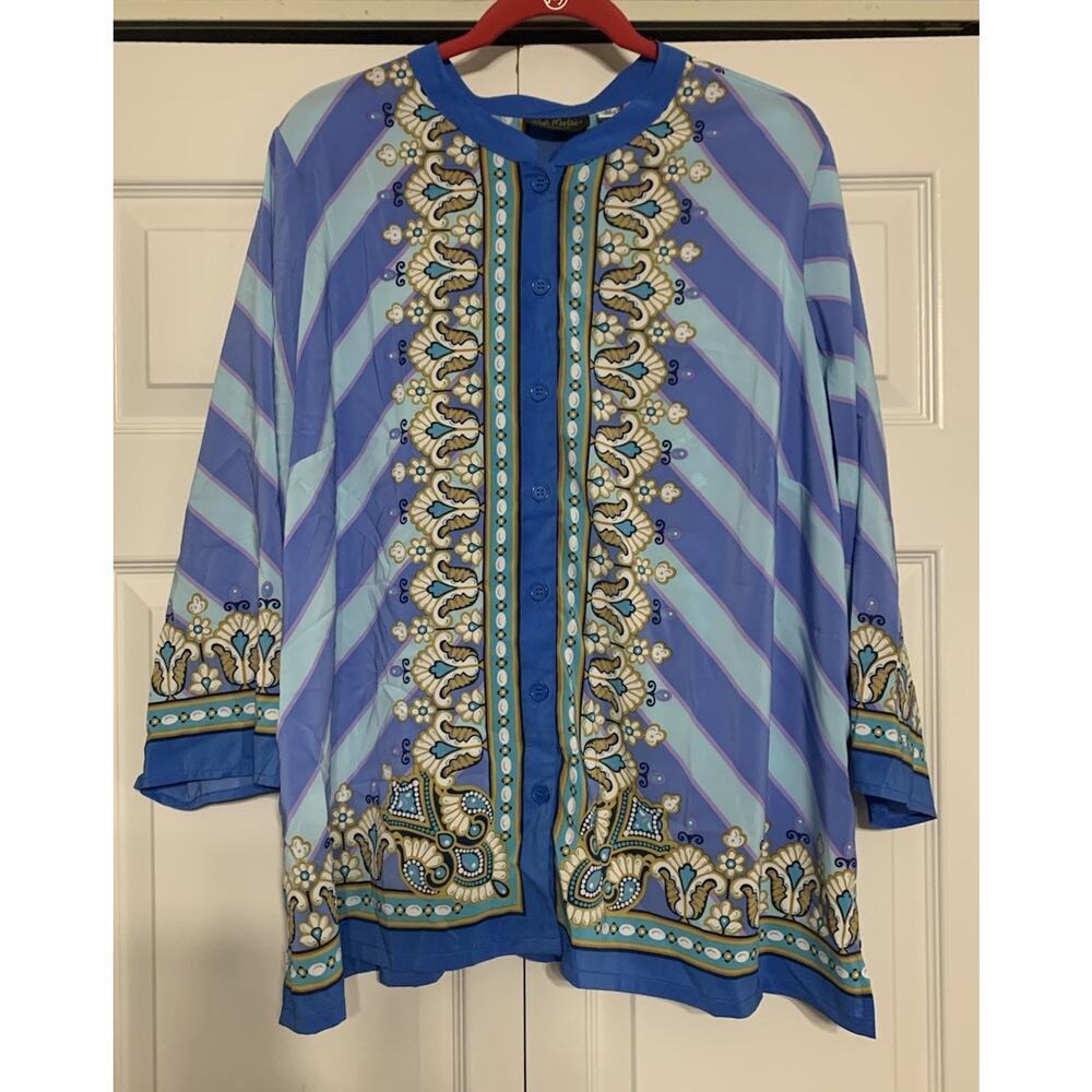 Bob Mackie Wearable Art Bombay Placement Print Button Front Shirt 2X Blue Multi - Picture 2 of 7